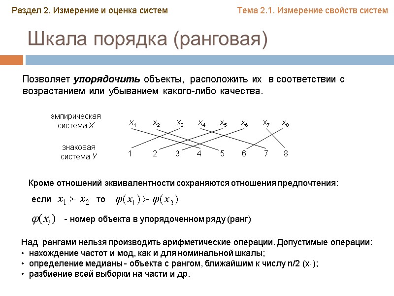 Шкала порядка (ранговая) Позволяет упорядочить объекты,  расположить их  в соответствии с возрастанием